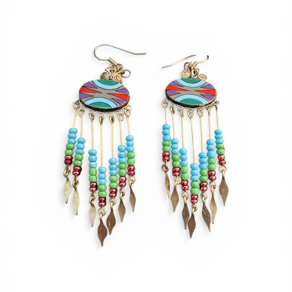 Boho Turquoise Beaded Fringe Dangle Chandelier Earrings - Picture 3 of 6